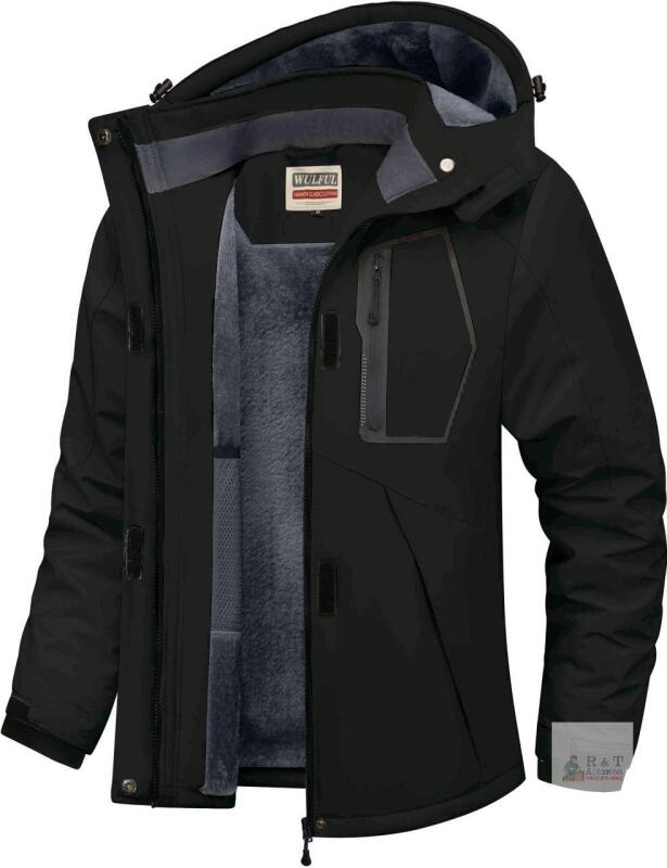 NEW Wulful Men's Hooded Winter Jacket, Size L, Black, Faux-Fur Lining, Water-Resistant, Zip & Snap Closure