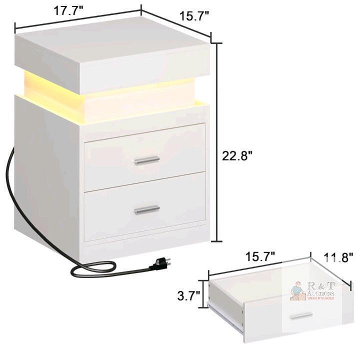 NEW White Bedside Table with LED Lighting, 2 Drawers, and Integrated Power Outlet