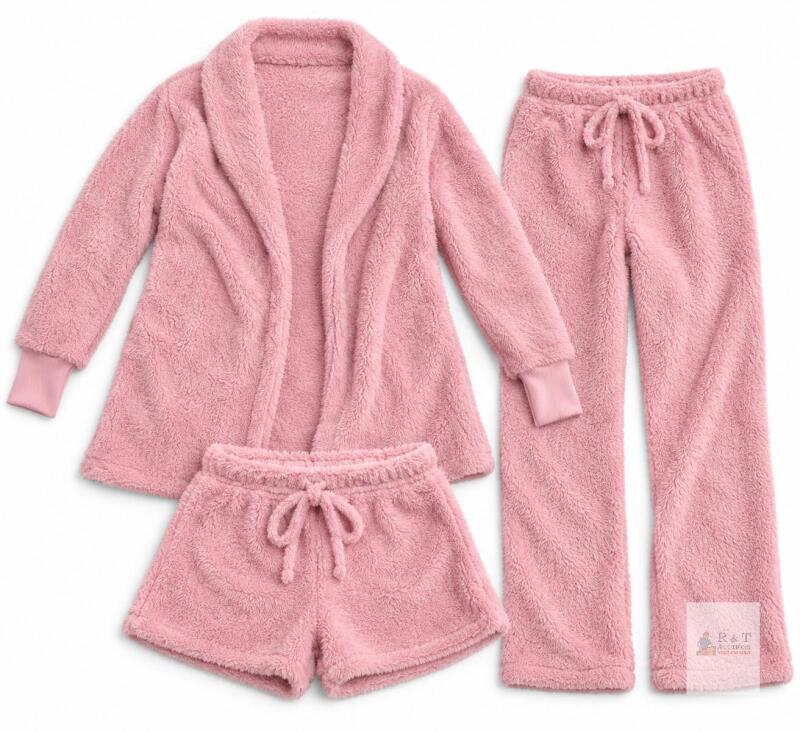 New Women&rsquo;s Pink Plush 3-Piece Lounge Set &ndash; Cardigan, Pants & Shorts, Size Small