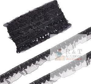 New 11 Yards Black Organza Sequin Ruffled Lace Trim, Gathered Mesh Stretch Ribbon, Elastic Trimming for Sewing Package Wrapping Cloth Crafts Embellishments