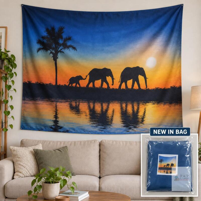NEW 59" wide Sealed Elephant Family Sunset Wall Tapestry, color may vary slightly