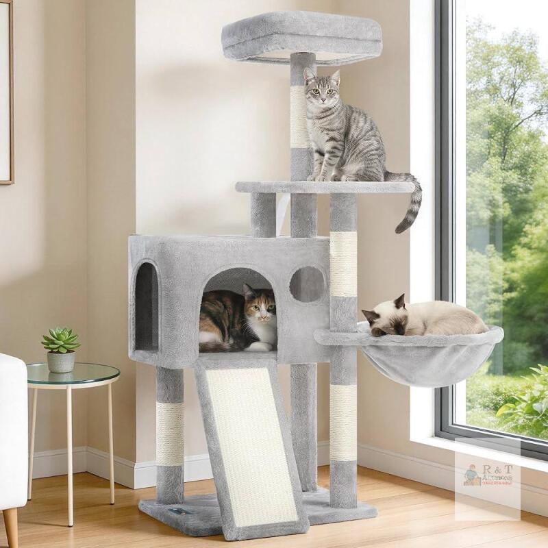 NEW Multi-Level Cat Tree Condo Tower, 42" Tall, Hammock & Scratching Posts, Light Gray, 3 Levels