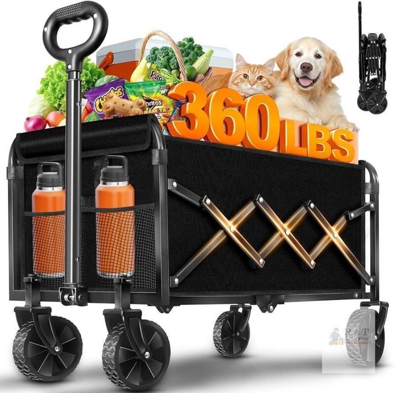 NEW Folding Utility Wagon, 360 lbs Capacity, Alloy Steel Frame, 600D Oxford Fabric, 5" PVC Wheels
