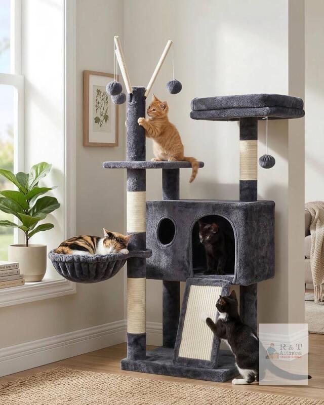 Grey 41" Cat Tree Condo with Hammock, Perches, Condo House, Scratching Posts, Hanging Toys- 48 HR WARRANTY