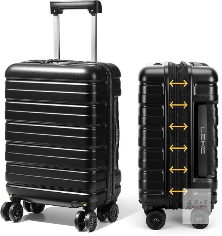 NEW LEKE 16-Inch Hardside Personal Item Suitcase, Black, TSA Lock, Spinner Wheels, Expandable