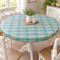 New Round Vinyl Fitted Tablecloth with Flannel Backing Elastic Edge Design Table Cover Waterproof Oil-Proof PVC Table Cloth Stain-Resistant Best for 57"-66" Round