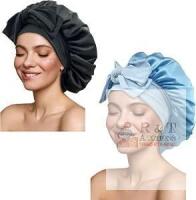New Satin Silk Hair Bonnets for Sleeping - Large Bonnets with Tie Band, Adjustable Straps - Night Sleep Caps for Women - Curly Braid Hair (Black, Sky Blue)