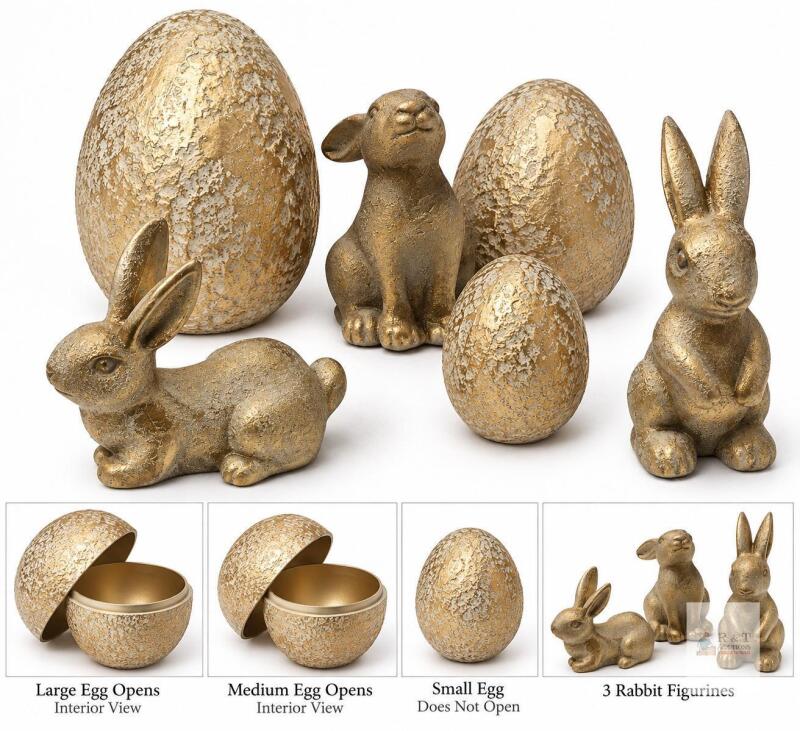 NEW Vintage Gold Easter D&eacute;cor Set &ndash; 3 Rabbit Figurines & 3 Decorative Eggs, 2 Opening Containers