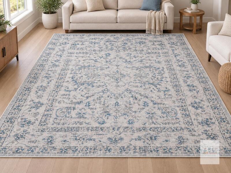 New 9*12 Area Rug, Blue & Gray, Low-Pile, Non-Slip, Vintage Design