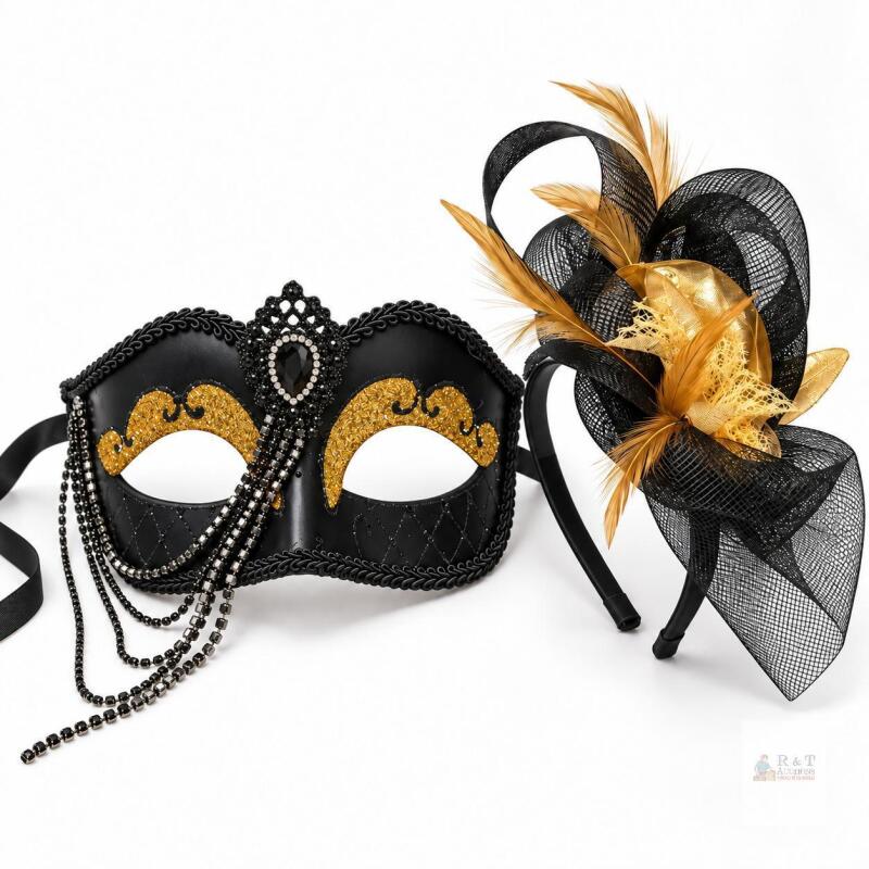 Black & Gold Venetian Adult Masquerade Mask with Rhinestones & Feather Fascinator Headband Set