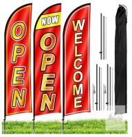 Kerty 3-Piece Outdoor Feather Flag Kit &ndash; 9.2 ft Tall, "OPEN", "WELCOME", "NOW OPEN" Flags (two ground stakes)