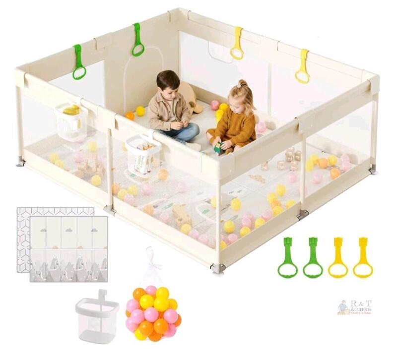 NEW ZEEBABA 71"x59" Beige Baby Playpen with 1" Thick Mat, Play Yard, Activity Balls & Accessories