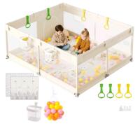 NEW ZEEBABA 71"x59" Beige Baby Playpen with 1" Thick Mat, Play Yard, Activity Balls & Accessories