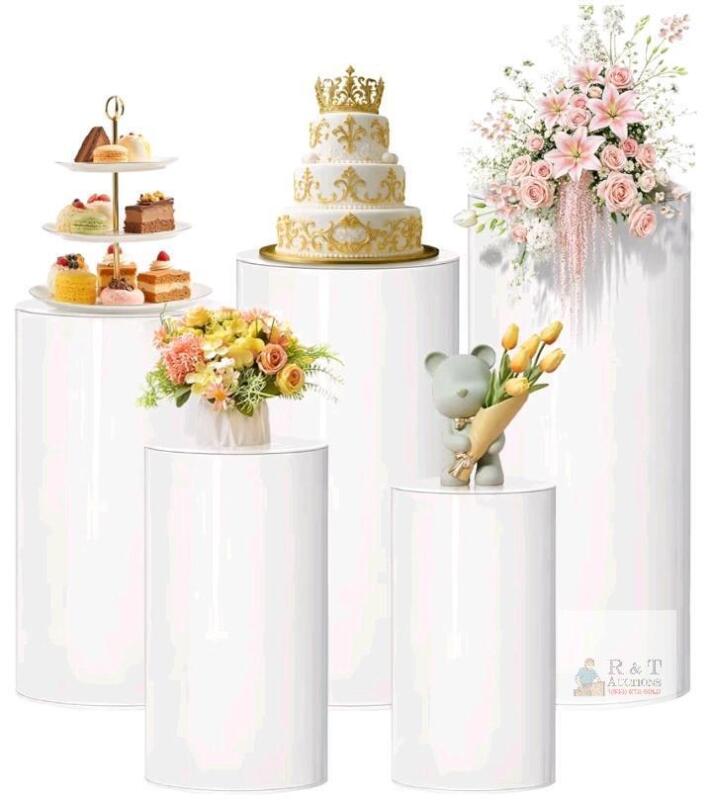 new Set of 5 White Metal Cylinder Pedestal Stands &ndash; Various Sizes