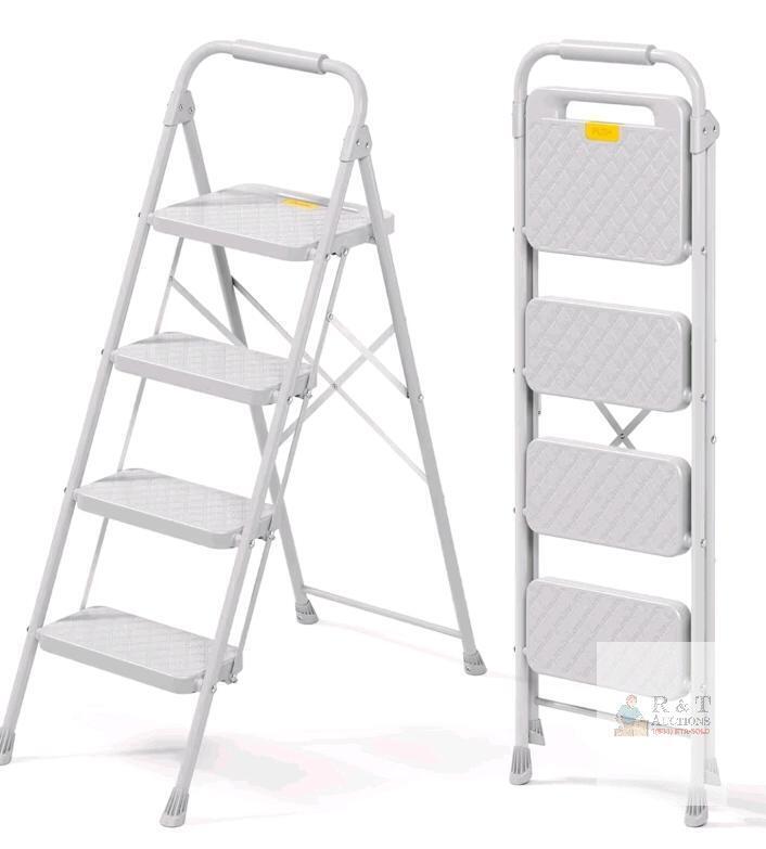 NEW KINGRACK 4-Step Folding Steel Ladder, 330 lb Capacity, Anti-Slip, Handrail, Compact Storage, Grey