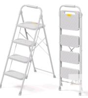 NEW KINGRACK 4-Step Folding Steel Ladder, 330 lb Capacity, Anti-Slip, Handrail, Compact Storage, Grey