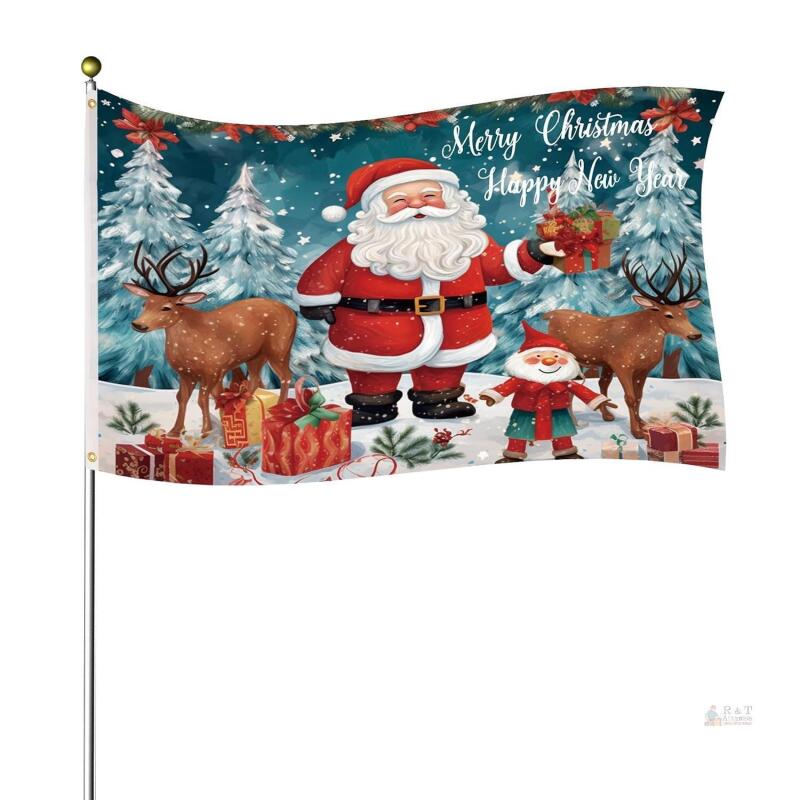 New Large Christmas Flag, 3x5ft Merry Christmas Banner Double-Sided Polyester Happy New Year Flag Deer Santa Garden Flags for Outdoor Yard Winter Holiday Decoration- pole not incl