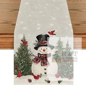New Artoid Mode Snowman Birds Trees Christmas Table Runner, Seasonal Silver Winter Holiday Kitchen Dining Table Decoration for Home Party Decor 13 x 120 Inch