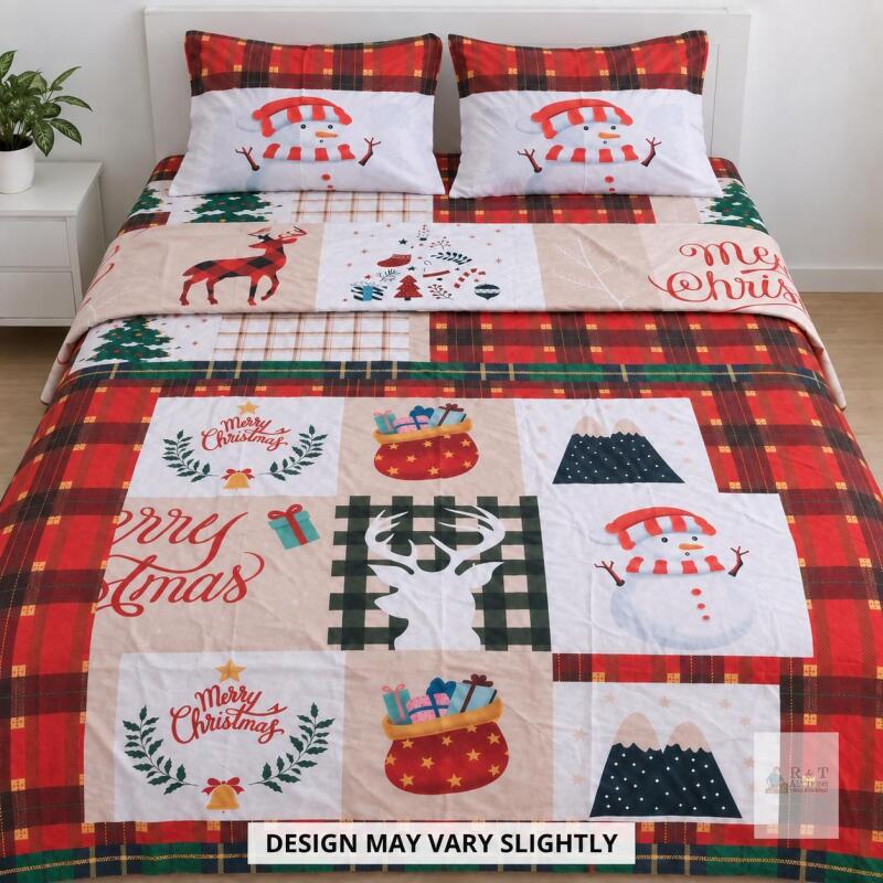 New Christmas 4-Piece Bedding Set &ndash; 264 &times; 228 cm Blanket, Sheet & 2 Pillowcases, Red Plaid