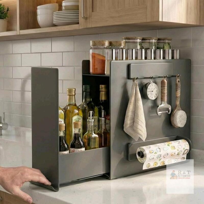 NEW Sharkwave Living Modular Kitchen Countertop Storage Rack with Bottle Holder, Spice Rack, and Hooks