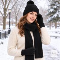 New Amberetech Women Winter Warm Black Beanie Hat+ Long Scarf +Touchscreen Gloves Set Skull Caps Neck Scarves with Fleece Lined