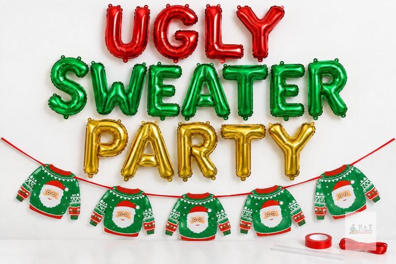 Ugly Sweater Party Decoration Set with Foil Letter Balloons, Paper Sweater Banner & Accessories