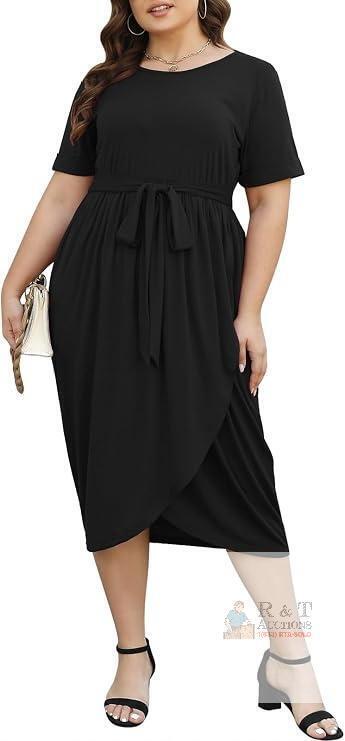 New Size 22 Nemidor Womens Plus Size Solid Pleated Casual Wrap Party Midi Dress with Pocket NEM531