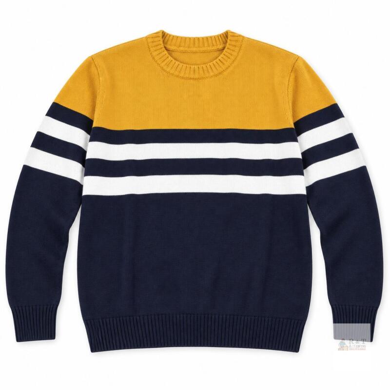 New Size L/XL MAGCOMSEN Men&rsquo;s Colour-Block Striped Knit Crewneck Sweater, Mustard/Navy/White