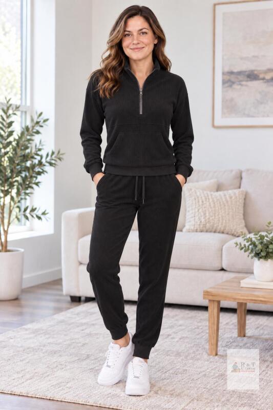 NEW SMALL JANPRINT Women&rsquo;s Black Ribbed 2-Piece Quarter-Zip Lounge Tracksuit Set