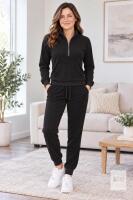 NEW SMALL JANPRINT Women&rsquo;s Black Ribbed 2-Piece Quarter-Zip Lounge Tracksuit Set