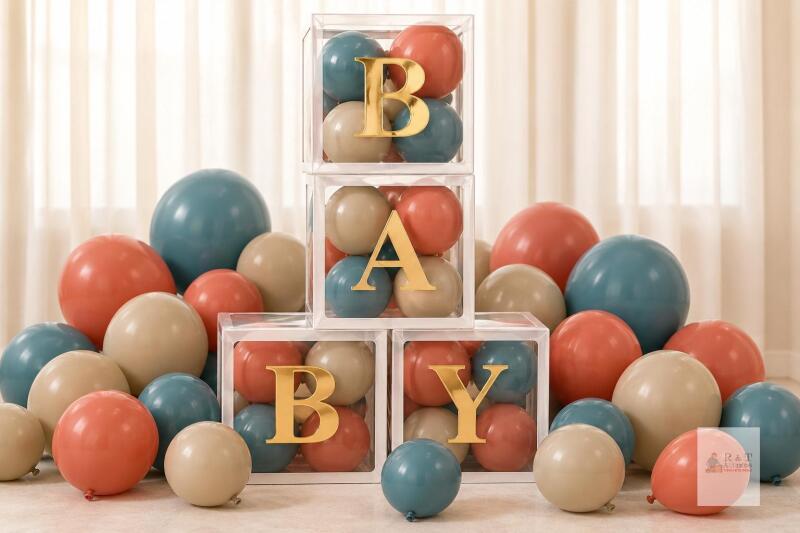 New BABY Party D&eacute;cor Set with Four 12" Clear Boxes, Gold Letters & Assorted Balloons approx 100 balloons, glue tape, boxes, letters, and banner
