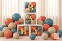New BABY Party D&eacute;cor Set with Four 12" Clear Boxes, Gold Letters & Assorted Balloons approx 100 balloons, glue tape, boxes, letters, and banner