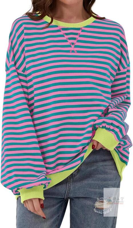 New Women Oversized Striped Color Block Long Sleeve Crew Neck Sweatshirt Casual Loose Pullover Y2K Shirt Top Pink Green M Pink Green