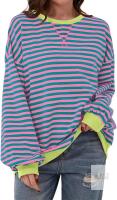 New Women Oversized Striped Color Block Long Sleeve Crew Neck Sweatshirt Casual Loose Pullover Y2K Shirt Top Pink Green M Pink Green