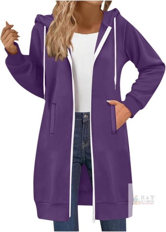 New Size S Women's Oversized Long Zip up Hoodie, Fleece Lined Casual Sweatshirt Jacket with Pockets