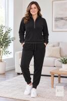 NEW LG JANPRINT Women&rsquo;s Black Ribbed 2-Piece Quarter-Zip Lounge Tracksuit Set