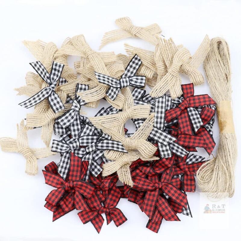 New 60 Pieces Mini Plaid Bows Handmade Burlap Bow for Christmas Tree Crafts Gift Home Decoration DIY Making, 3 Colors(Black Red Plaid, Black White Buffalo Plaid, Natural Burlap Bow)