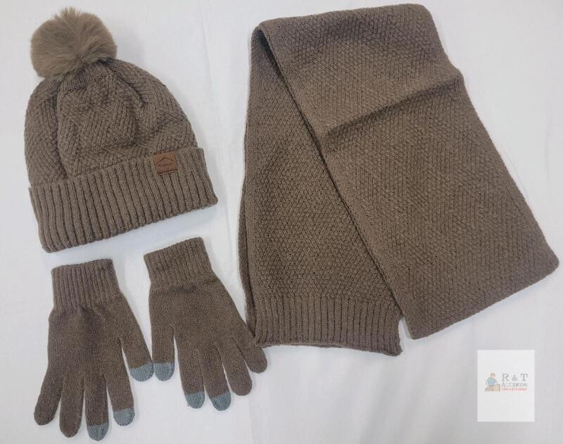 NEW Amberetech Sport-E 3-Piece Knit Winter Set, Brown &ndash; Beanie, Scarf, Touchscreen Gloves, Fleece Lined