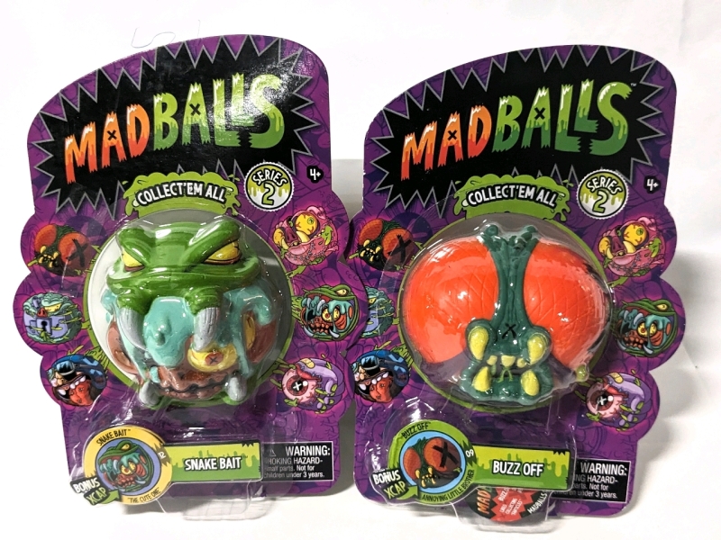 2 New MADBALLS Series 2 Gross Foam Balls: Buzz Off #09, Snake Bait #12.