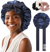 New AWAYTR 2 Layered Satin Bonnet for Women Tie Band Hair Bonnet for Sleeping Silk Sleeping Cap with 3PCS Hair Scrunchies (Navy(Bonus 3 Hair scrunchies))