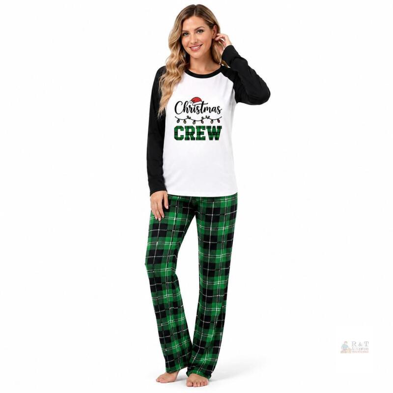 New Size LG Women's Christmas Pajamas Green Plaid with Black Collar