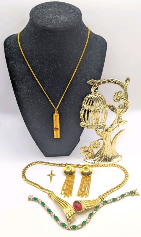 Nifty Vintage Whistle Necklace with Gold Tone Pieces & Earring Tree Stand.