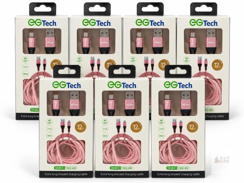 7 New EGTech 12ft Braided Micro USB Charging Cable, 2.1A, Rose Gold, Model 11RG-4M