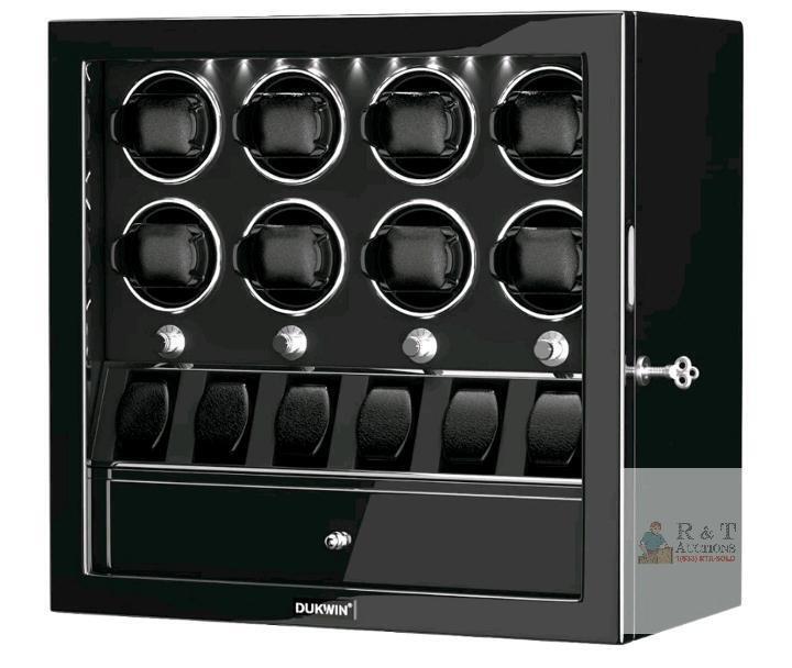 NEW DUKWIN 8-Slot Watch Winder with 6 Extra Watch Storage, Jewelry Drawer, LED Illumination