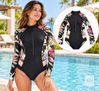 NEW AONIHUA Size Small Women&rsquo;s Long-Sleeve One-Piece Rash Guard Swimsuit &ndash; Black Floral
