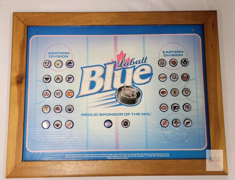 2002 Labatt Blue NHL Bottle Cap Team Set on Presentation Display - Wood Framed . Measures 27 &frac34;"&times;21 &frac34;"