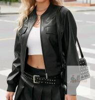 New Women's Sz. Medium Faux Leather Short Cropped Bomber Jacket Short