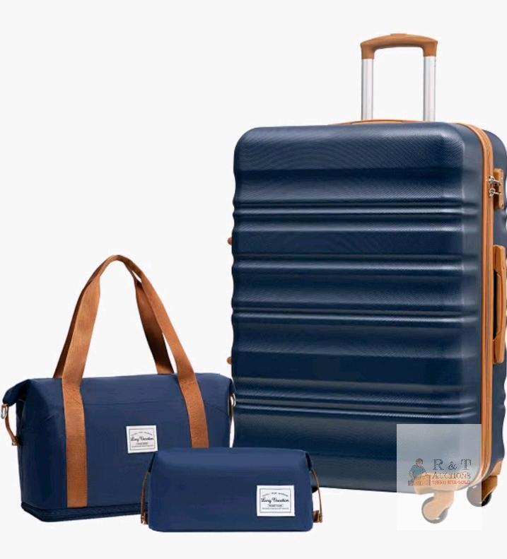 NEW LONG VACATION 3-Piece Navy Luggage Set with 28" Hardside Suitcase, Carry-On, Toiletry Bag