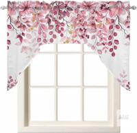 New Pink Eucalyptus Leaves Swag Valances for Kitchen Window, Small Kitchen Swag Curtains . Measures 27.5"W&times;36"L