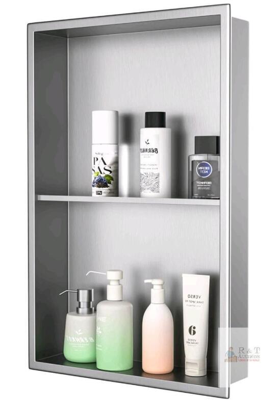 NEW Bernkot 14"x24" Stainless Steel Shower Niche BA2-1424-BR, Brushed Finish, 2 Shelves, Slot Drain